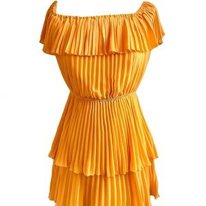 Ali & Jay Marigold Pleated Off-Shoulder Ruffle Tiered Mini Dress – Size S